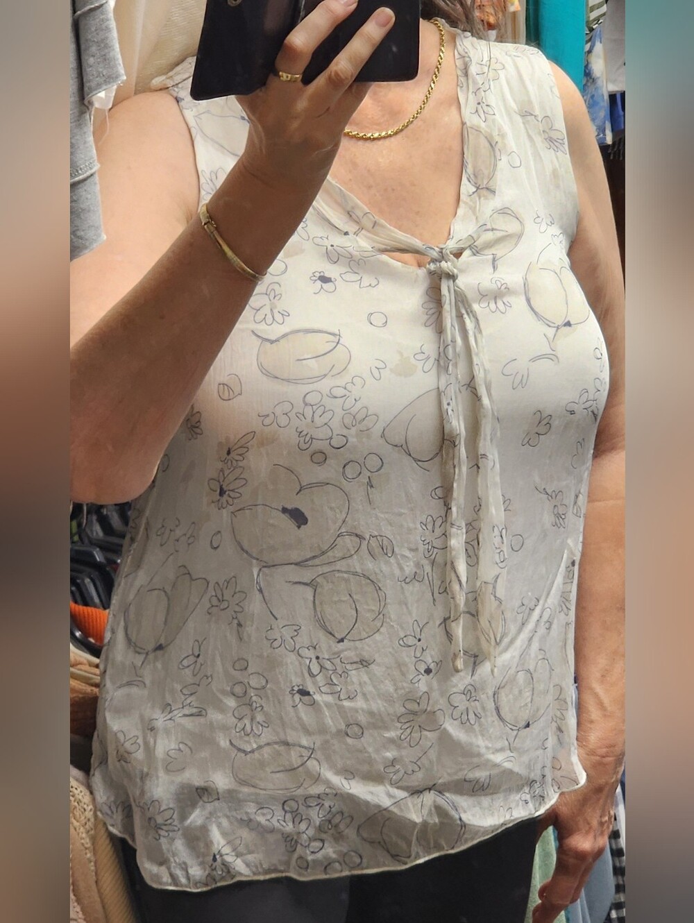 Sleeveless Cream Print Tie-Neck Women’s Top